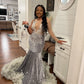 Sparkly Sivler Sequins Mermaid Prom Dress 2023 For Black Girls Crystal Ruffle Bead Evening Party Gown Robe De Bal Custom Made