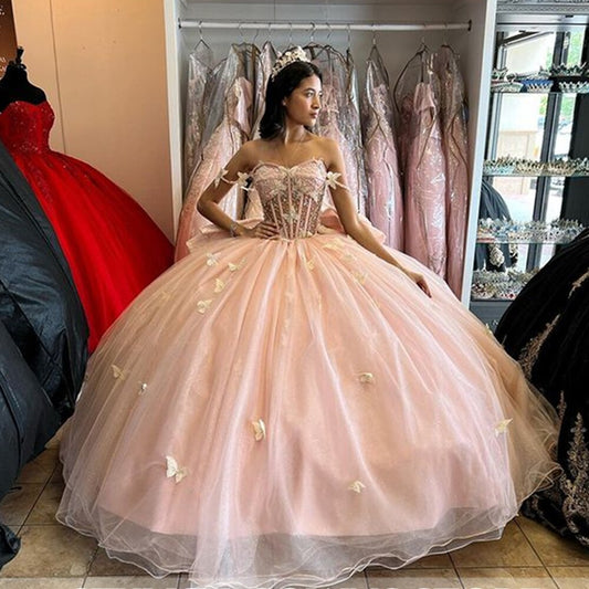 Pink Evening Gowns Ball Gown Quinceanera Dress Beaded Prom Dresses For Girl Corset Bow Graduation Gowns Vestido De 15