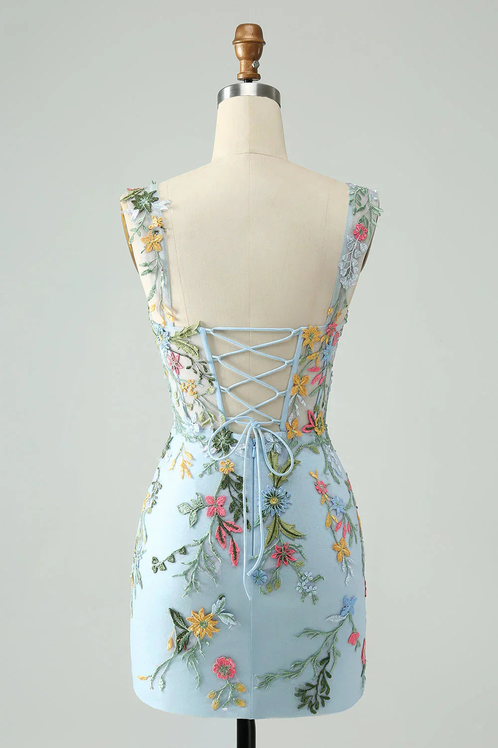 Blue Floral of the Shoulder Corset Short Homecoming Dress with Embroidery