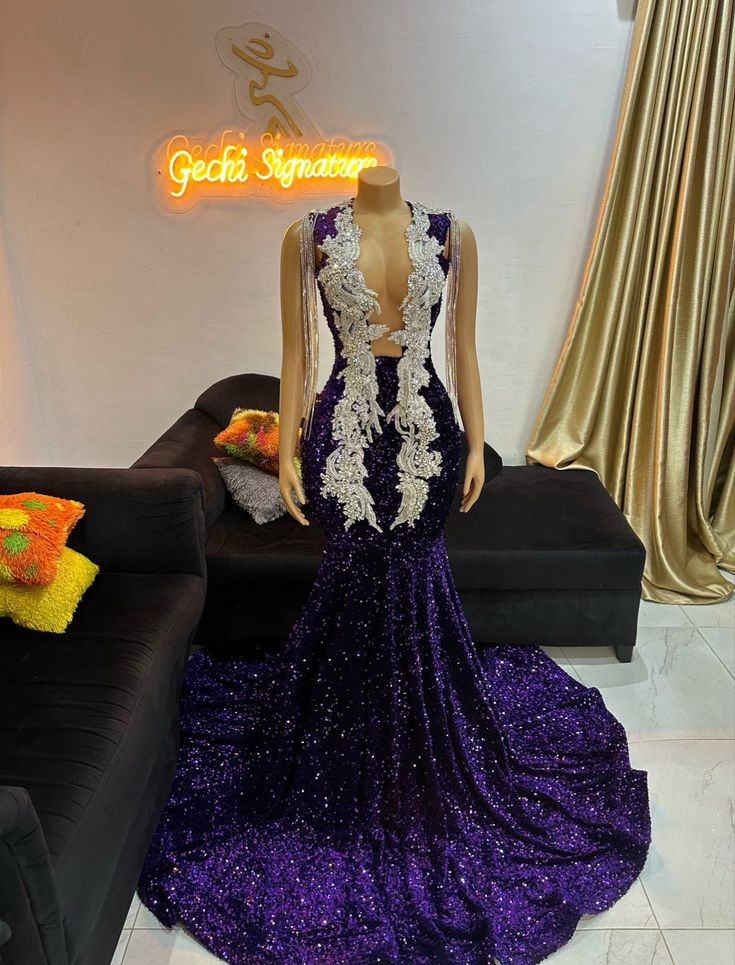 Long Purple Sequin Dress, Prom Dress, Wedding Reception Dress, Party Dress, Birthday Dress, Homecoming Dress, women clothing, Mermaid Dress