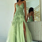 Sage Green V Neck Tulle A-Line Long Prom Dresses with Appliques