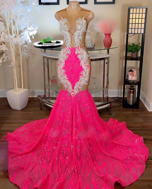Custom Prom Dresses, Prom Dresses, Sparkly Prom Dresses, Pink Prom Dresses, Beaded Applique Prom Dresses, Illusion O Neck Formal Dresses