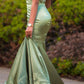 Charming Green Appliques Mermaid Prom Evening Maxi Dress Floor-Length Sweep Train Dress