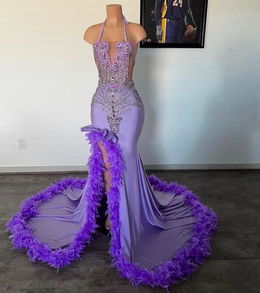 Purple Prom Dresses 2024 Luxury Halter Crystals Fashion Party Dresses Women Beaded Feather Sexy Black Girls Evening Gowns Vestidos De Fiesta