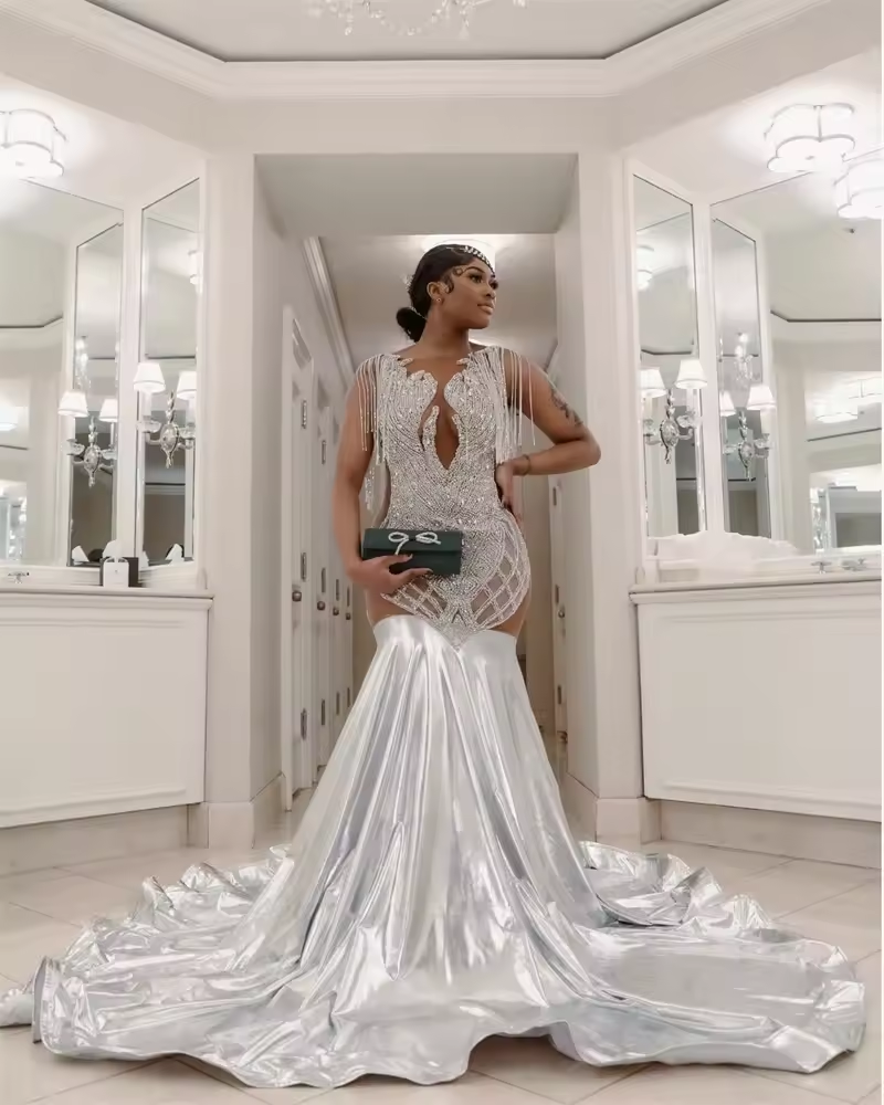 Glitter Silver Diamonds Mermaid Prom Dress For Black Girls Bead Crystal Tassels Wedding Birthday Party Dress Customized