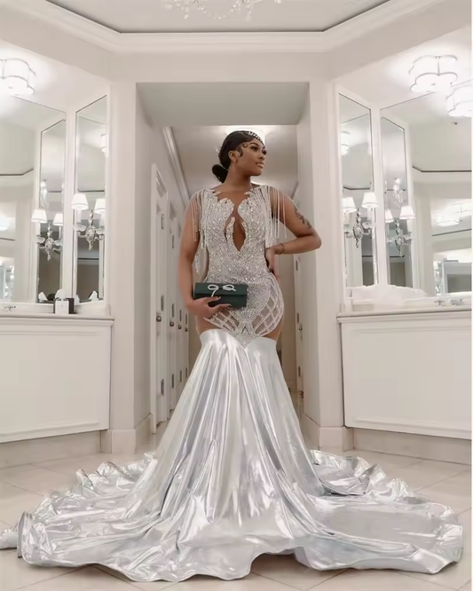 Glitter Silver Diamonds Mermaid Prom Dress For Black Girls Bead Crystal Tassels Wedding Birthday Party Dress Customized