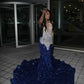 Royal Blue Mermaid Sequins Lace Afrcian Prom Dress Evening Dress