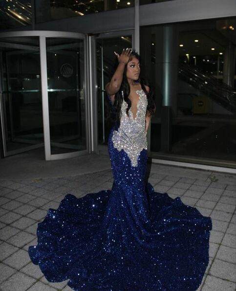 Royal Blue Mermaid Sequins Lace Afrcian Prom Dress Evening Dress