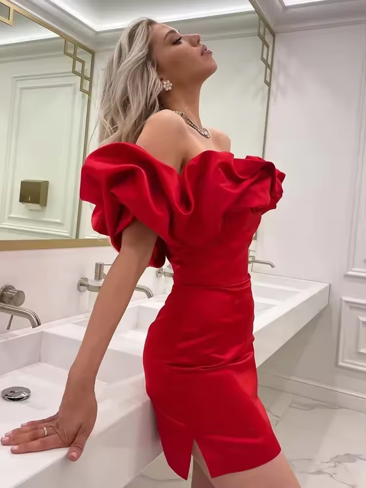 Summer White Ruffle Party Dresses Elegant Bodycon Off The Shoulder Wedding Guest Dress Elastic Satin Women's Clothing