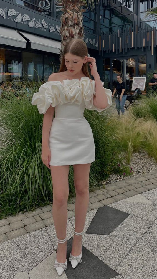Unique White Off The Shoulder Cloud Style Satin Homecoming Dresses
