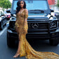Mermaid Gold Sequin Long Black Girl Prom Dress Slit Formal Dress