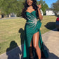 Green Satin Sweetheart Neck Beaded Mermaid Slit Prom Dress Evening Dress