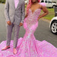 Popular Mermaid V Neck Pink Sequines Prom Dresses with Beading