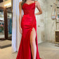 Charming Red Spaghetti Straps Lace Appliques Prom Dress with Slit