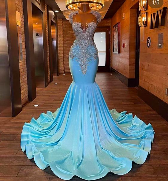 Crystal Prom Dresses, Blue Prom Dresses, Mermaid Prom Dresses, Court Train Prom Dresses, Beaded Prom Dresses, Mermaid Evening Dresses