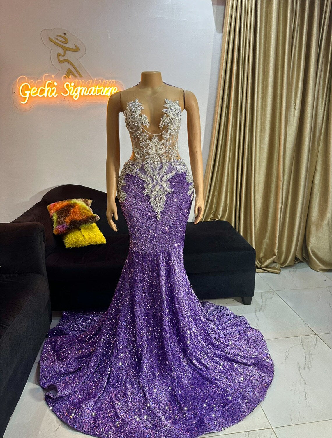 Mermaid icy sequin gown, lavender prom dress,women clothing,evening gown,party dress,African prom wedding dress,Reception dress