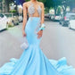 Light Blue Evening Dress Mermaid Strapless Appliques Prom Drsses