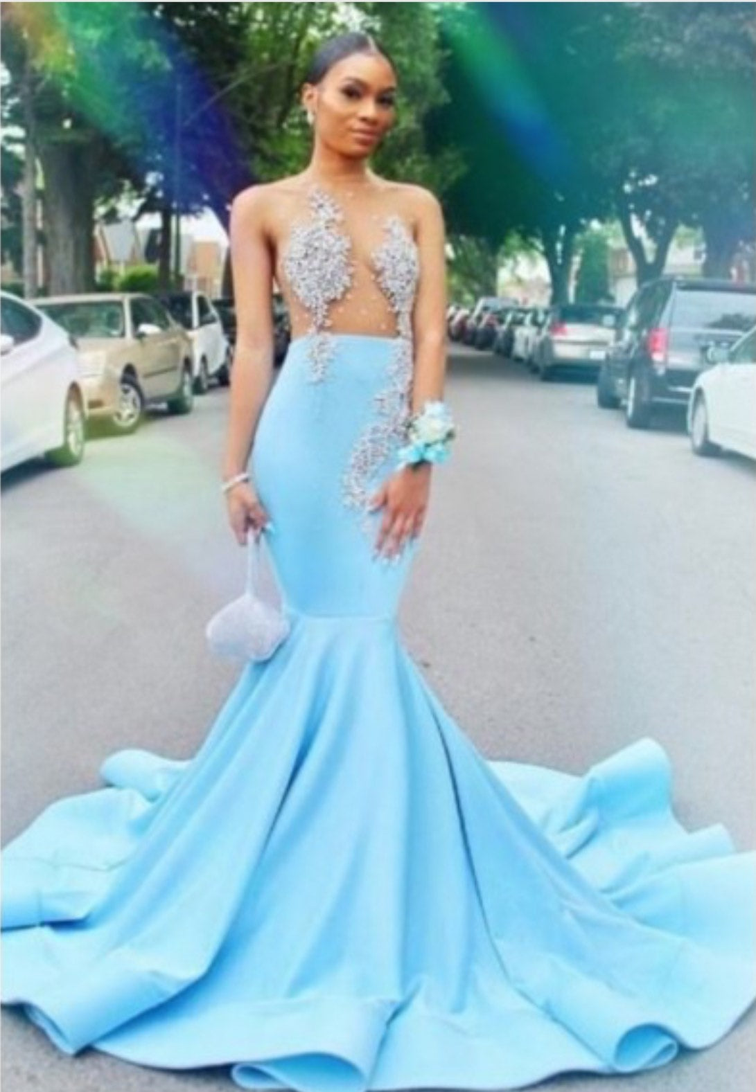 Light Blue Evening Dress Mermaid Strapless Appliques Prom Drsses