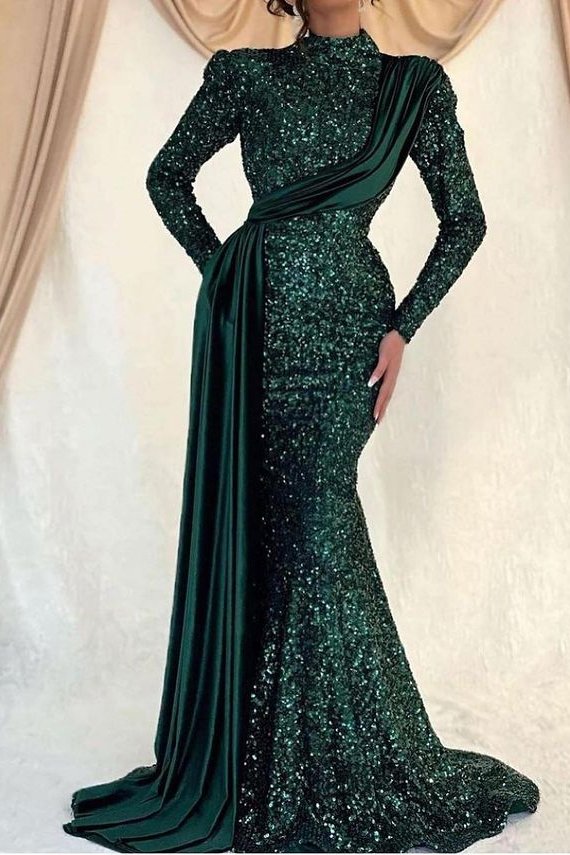 Sequins Long Sleeves Mermaid Prom High Collar Dress With Ruffle