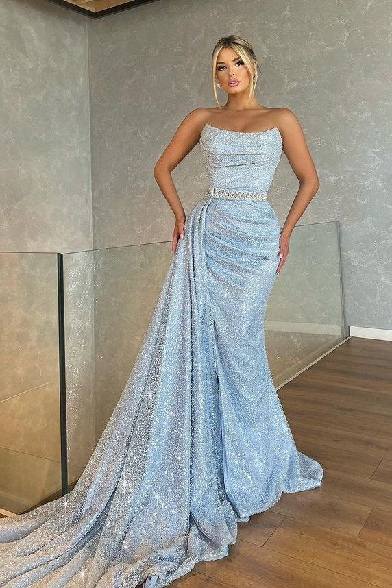 Stunning Strapless Sky Blue Sequins Prom Dress Mermaid With Ruffle