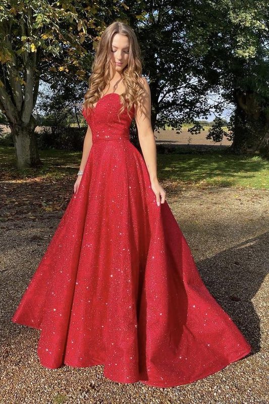 Red sequins long A lone prom dress red evening gown