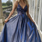 2024 Blue v neck beads long prom dress A line evening dresses