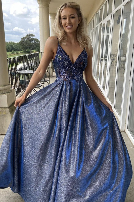 2024 Blue v neck beads long prom dress A line evening dresses