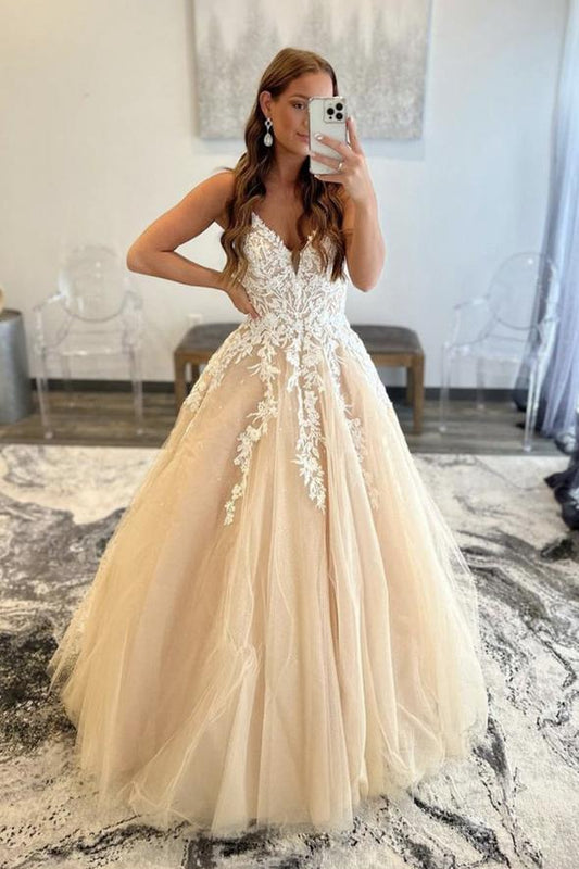 Cute v neck tulle lace long prom dress evening gown