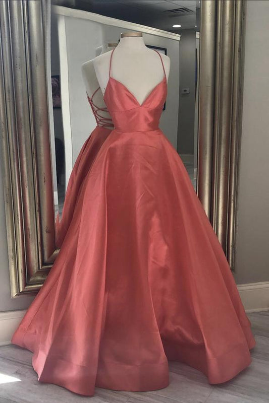 Red satin long prom dress A line evening gown