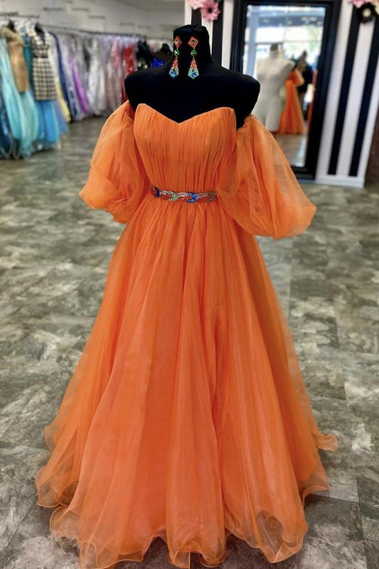 2024 Orange tulle long prom dress A line evening dresses
