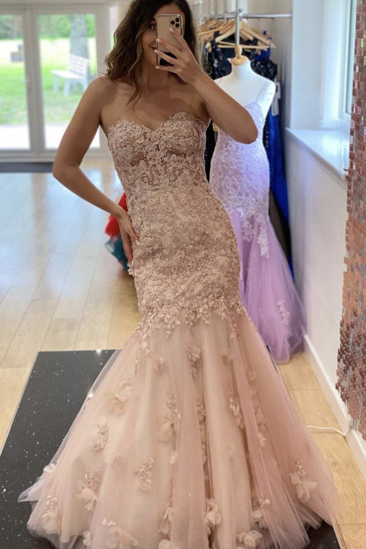 Pink lace long prom dress mermaid evening dress