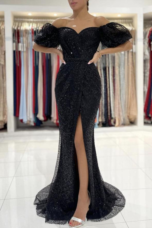 Black sequins long prom dress mermaid evening dress