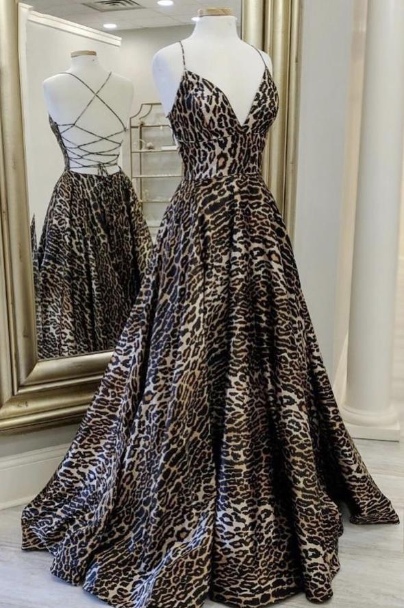 Fashionable leopard print long A line prom dress evening dress