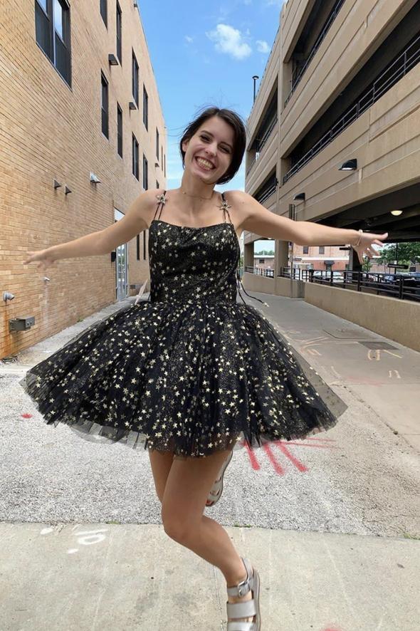 Black tulle short prom dress with star homecoming dress