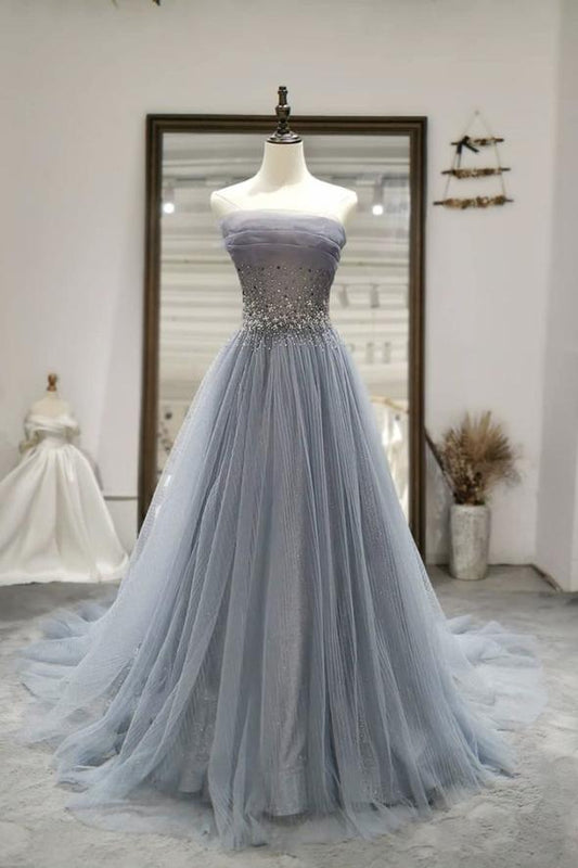 Gray tulle beads long prom dress evening dress