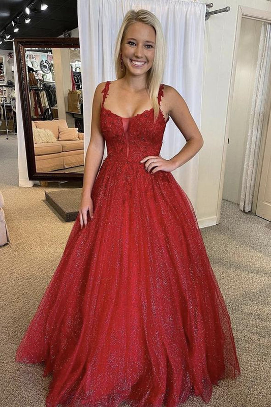 Red lace sequins long prom dress A line evening gown