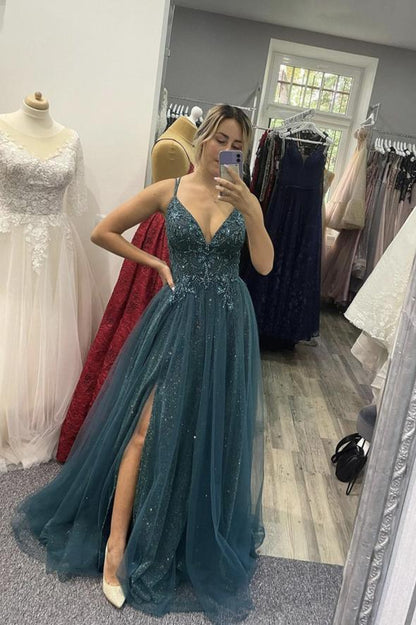 Green tulle beads long A line prom dress evening dress