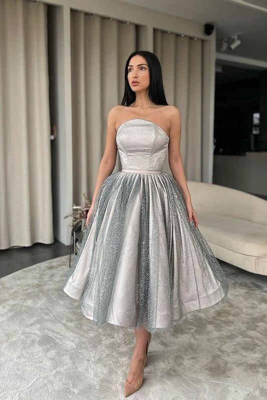 Silver Strapless A-Line Short Prom Dress With Sequins