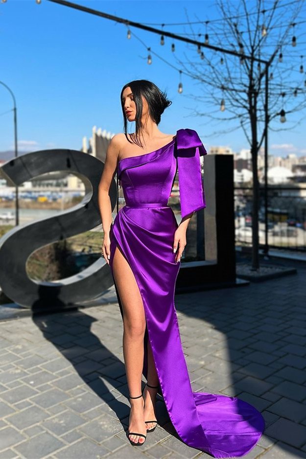 Purple One-Shoulder Long Mermaid Evening Dress With Split