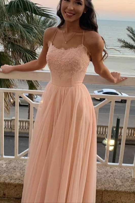 spaghetti Straps Pink Tulle Long Prom Dress