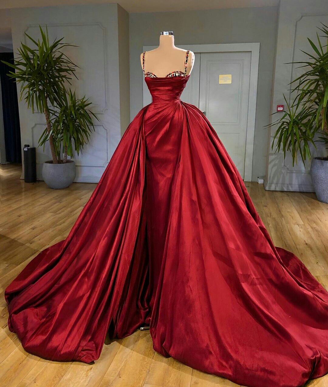 Red detachable prom dresses, sweetheart prom dresses, satin evening dresses