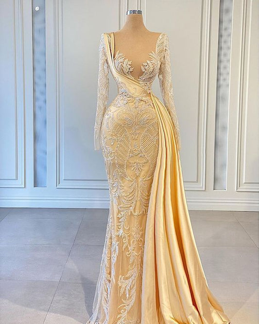 Yellow Prom Dress Long Sleeves V Neck Satin Sequins Appliques 3D Lace Embroidery Plus Size Evening Dresses Gowns Custom Made