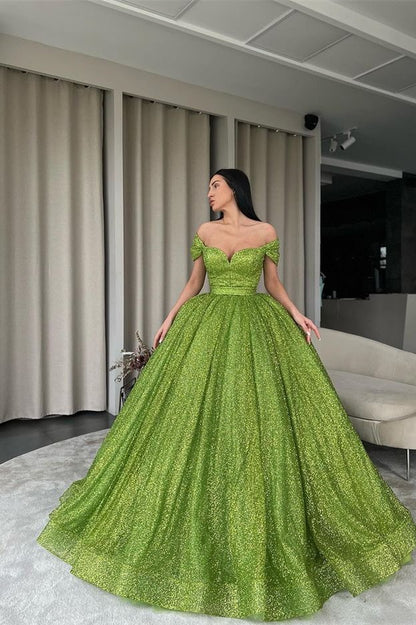 Green Off-The-Shoulder Ball Gown Evening Dress With Sequins