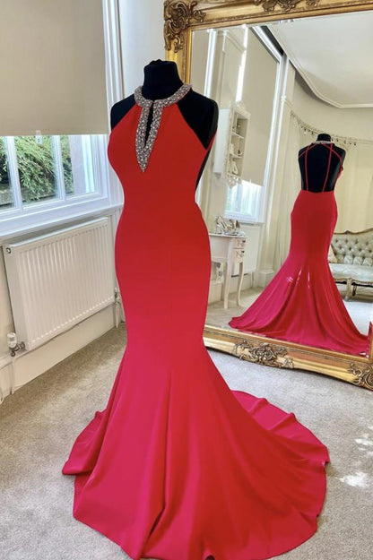 Red long mermaid prom dress red evening dress