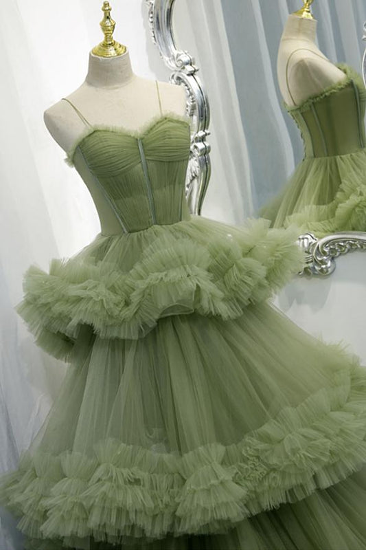 Green tulle long ball gown dress A line formal dress
