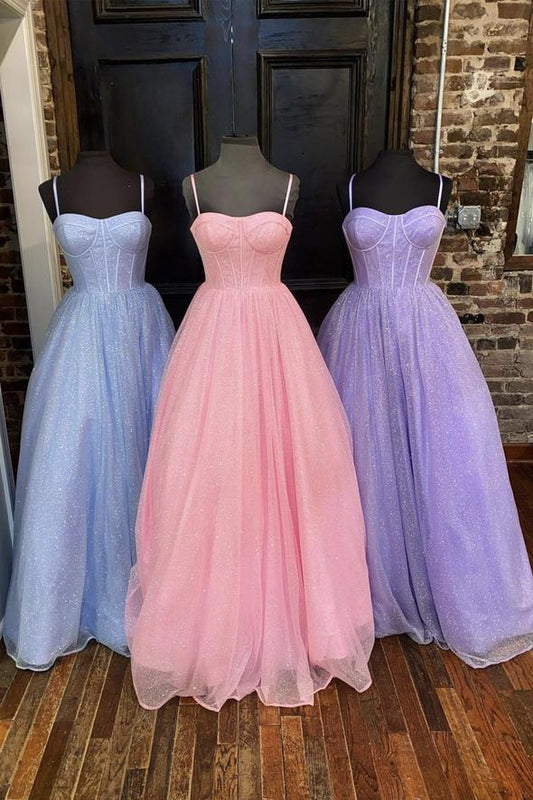 Cute tulle sequins long prom dress A line evening gown