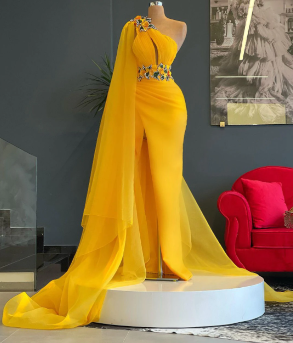 Charming Yellow Mermaid Prom Dresses Crystals One Shoulder Evening Dresses Sleeveless Side Split Women Pageant Dressing Gowns,MW026