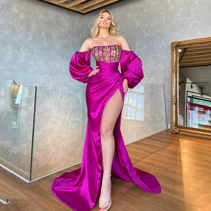 Purple Satin Puff Long Sleeves Mermaid Prom Gowns robe de soirée femme Dress Side Slit Rhine Stone Fashion Celebrity Dress,MW076