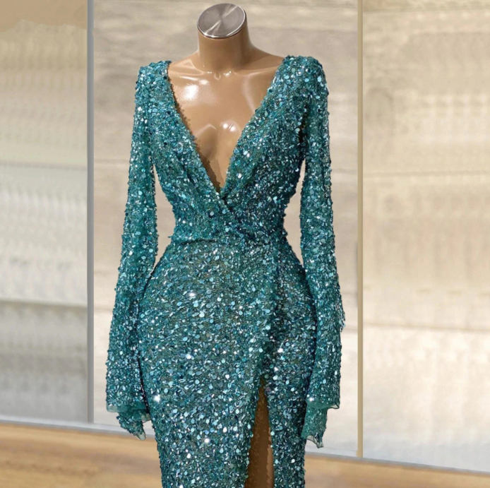 Blue Glitter Sequins Mermaid Evening Gowns Long Sleeves Sexy Deep V Neck Front Slit Party Night Vestidos De Noite Prom Gowns,BG001