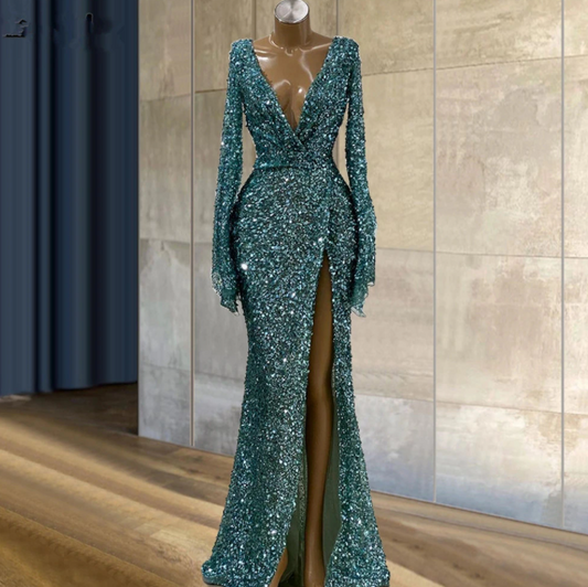 Blue Glitter Sequins Mermaid Evening Gowns Long Sleeves Sexy Deep V Neck Front Slit Party Night Vestidos De Noite Prom Gowns,BG001